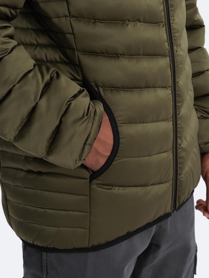 Men's quilted jacket with satin finish - dark olive green V13 OM-JALP-0121