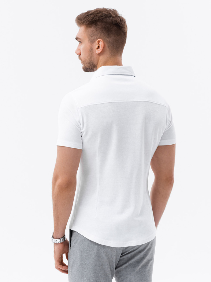 Men's knitted slim fit shirt with short sleeves and collar - white V1 OM-SHSS-0100
