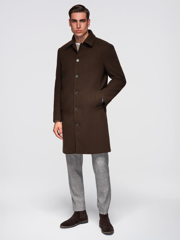 Single-breasted men's long coat with collar and bolster - brown V4 OM-COWC-0135