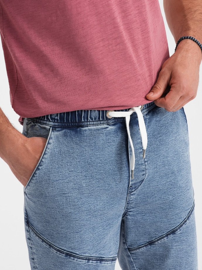 Turn-up denim men's short shorts with stitching - light blue V1 OM-SRDS-0101