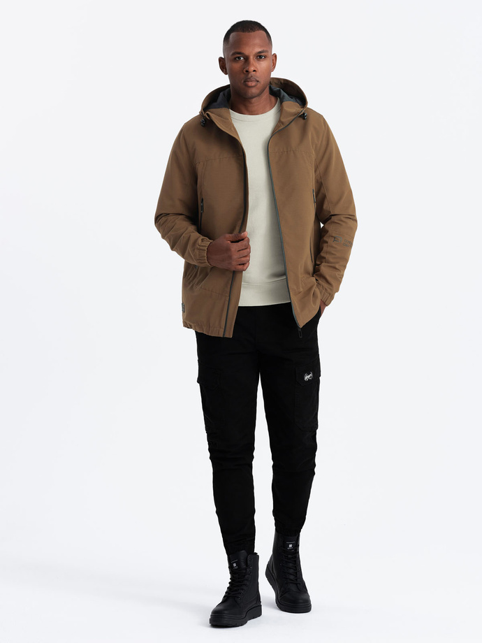 Men's lightweight storm jacket with hood - brown V2 OM-JANP-0191