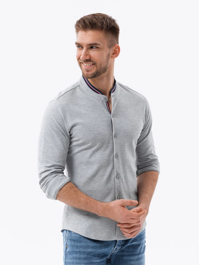 Bawełniana męska koszula SLIM FIT ze stójką w kolorowe paski – szara V5 OM-SHCS-0178