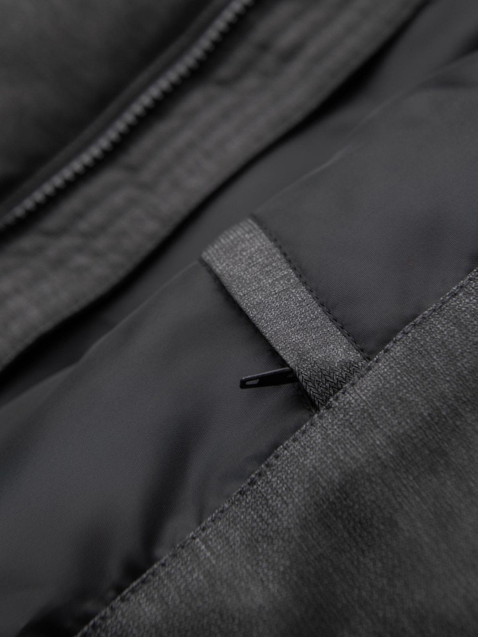 Men's long quilted jacket with hood - grey V2 OM-JALJ-0264