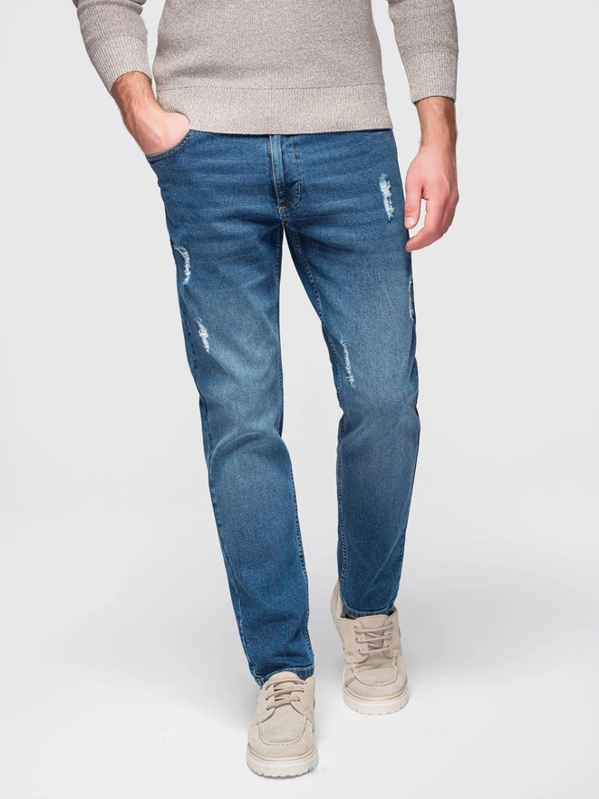 Men's SLIM FIT denim pants with rubbing - dark blue V2 OM-PADP-0255