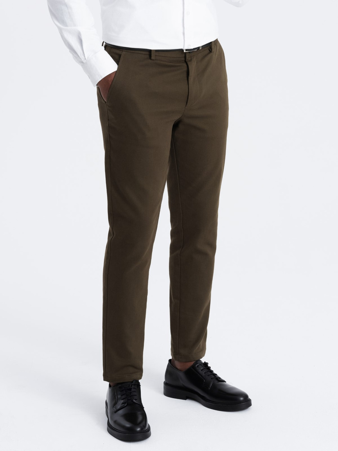 Spodnie męskie chino SLIM FIT z delikatną teksturą - ciemnooliwkowe V4 OM-PACP-0190