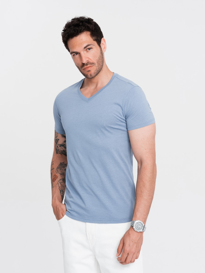 BASIC men's classic cotton T-shirt with a serape neckline - blue V20 OM-TSBS-0145