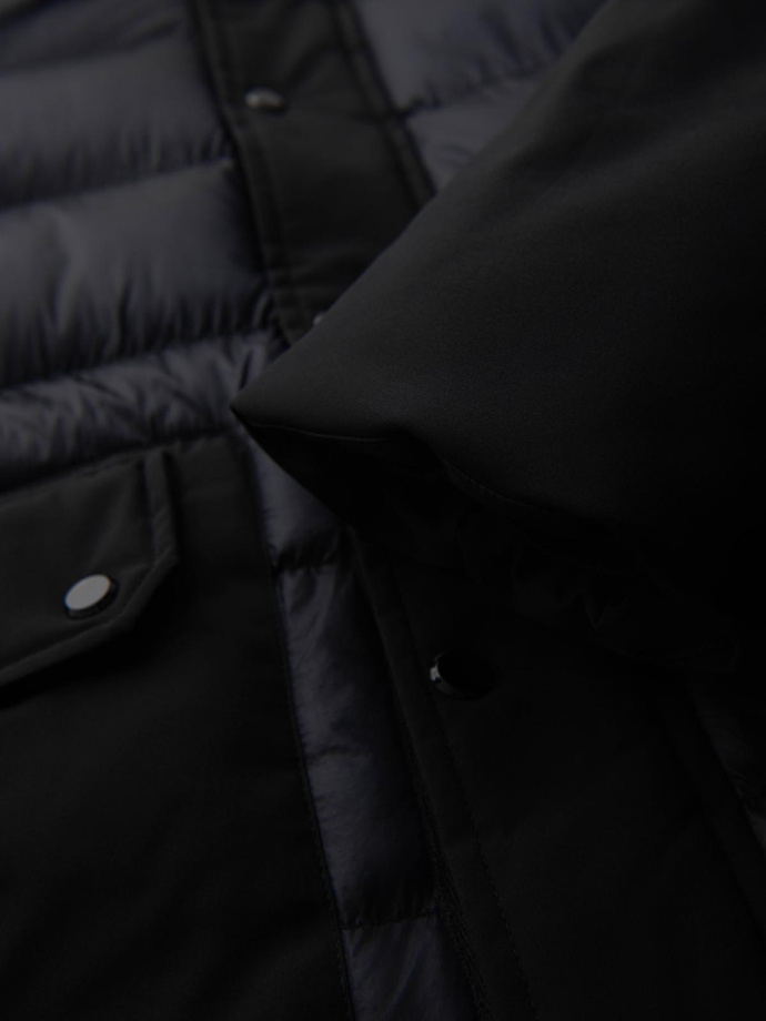 Długa męska pikowana kurtka z dużymi kieszeniami – czarna V1 OM-JALJ-0308