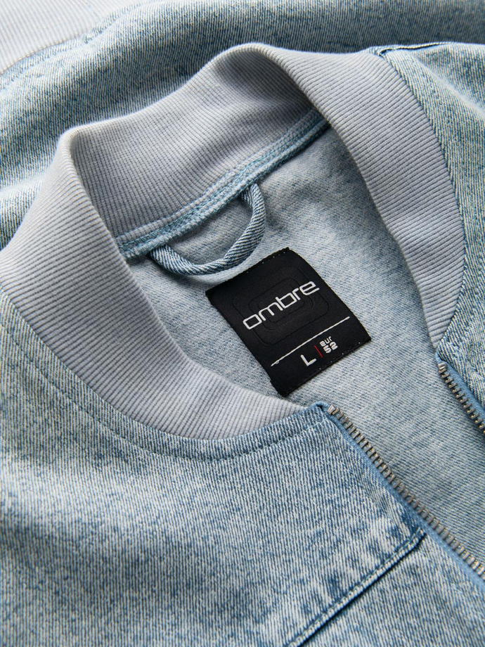 Men's denim bomber jacket with stone wash effect - light blue V3 OM-JADJ-0163
