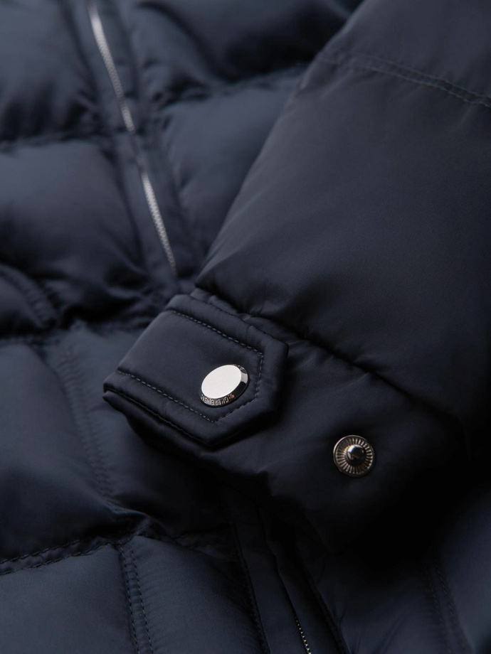 Men's quilted jacket with sheen and stand-up collar - dark blue V2 OM-JALP-0218