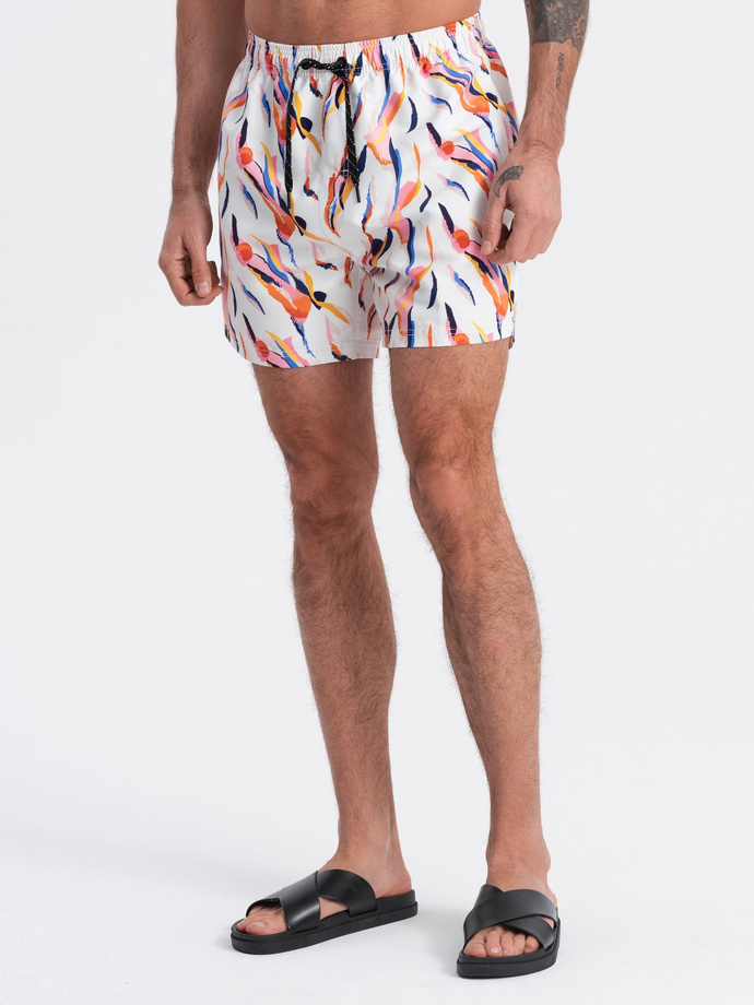 Szorty męskie kąpielówki w kolorowy print - białe V2 OM-SRBS-0140