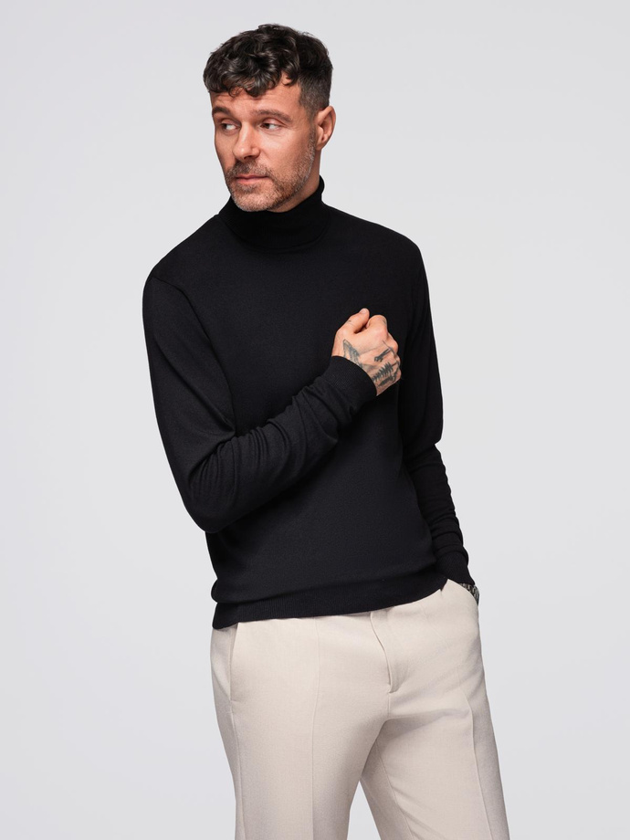 Men's knitted fitted turtleneck with viscose - black V1 OM-SWTN-0101