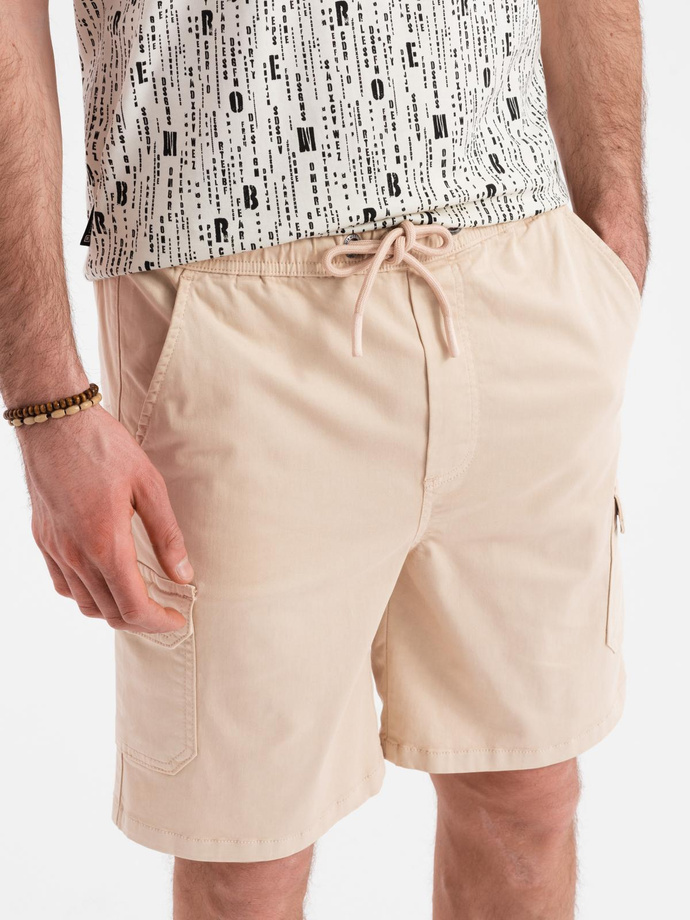 Men's cotton cargo shorts with elastic waistband - beige V3 OM-SRCG-0190