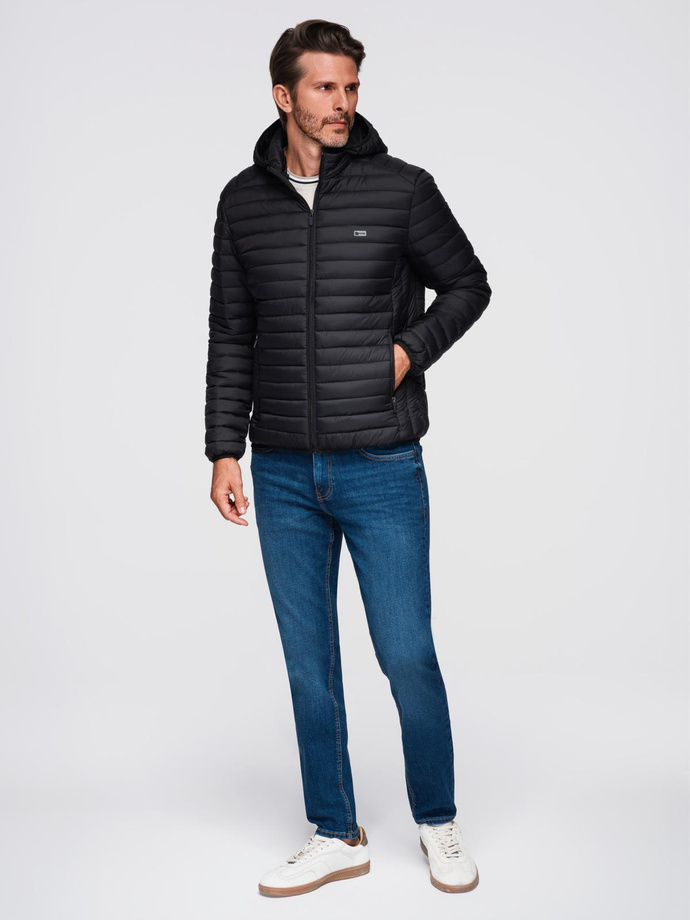 Classic men's quilted jacket with pouch option - black V1 OM-JALP-0295