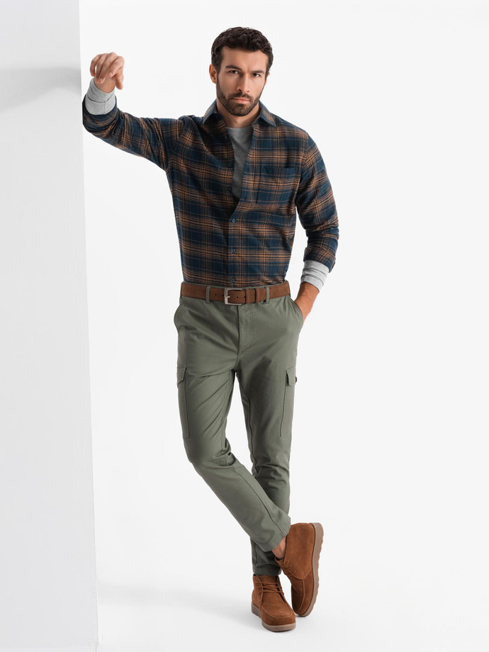 Męska flanelowa koszula w kratę - granatowo-pomarańczowa V7 OM-SHCS-0150