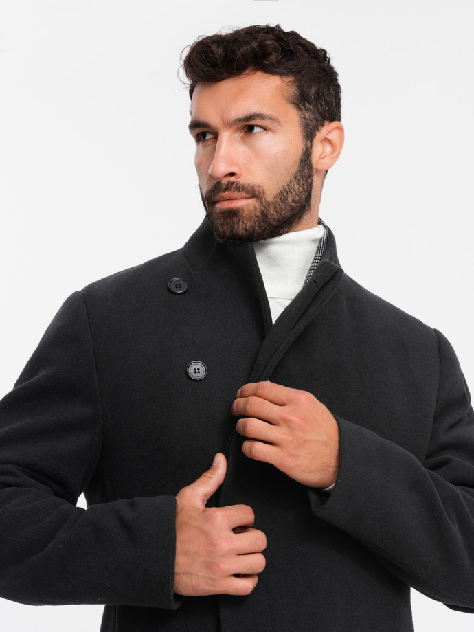 Men's coat with high collar and asymmetrical fastening - black V2 OM-COWC-0120