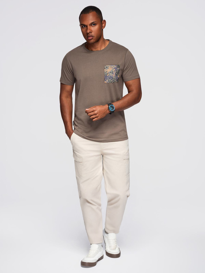 Men's cotton t-shirt with printed pocket - dark olive V1 OM-TSPT-0227