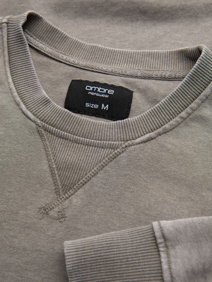 Washed men's sweatshirt with decorative stitching at the neckline - beige V2 OM-SSDS-0131