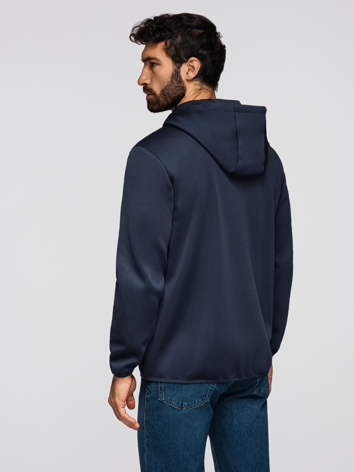 Men's lightweight jacket of combined materials with hood and decorative quilting - navy blue V4 OM-JANP-0160