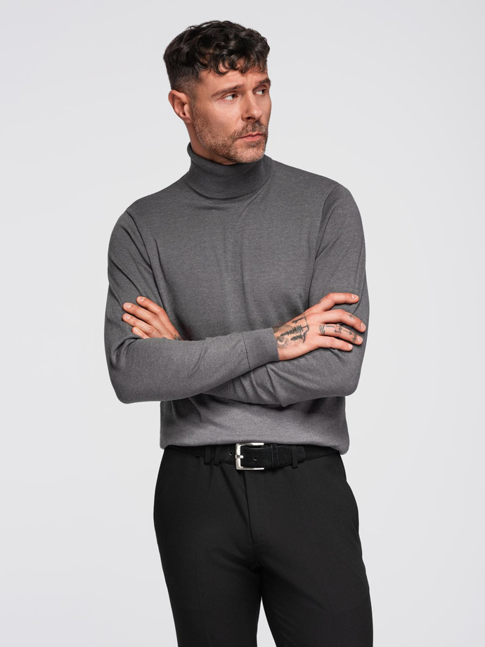 One color men's knitted turtleneck with viscose - grey melange V2 OM-SWTN-0101 