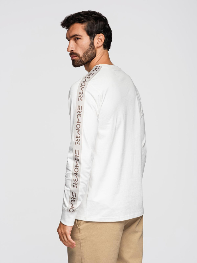 Men's cotton U-neck longsleeve with piping and chest print - broken white V3 OM-LSCL-0127