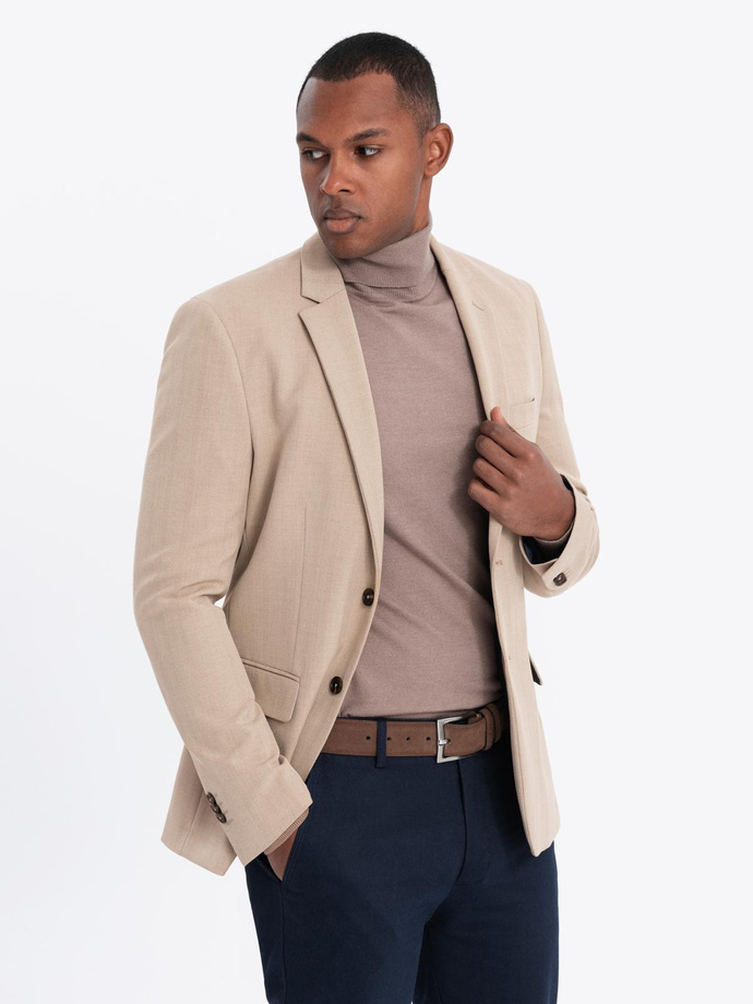 Elegant men's SLIM FIT jacket with rayon - beige V2 OM-BLZB-0135