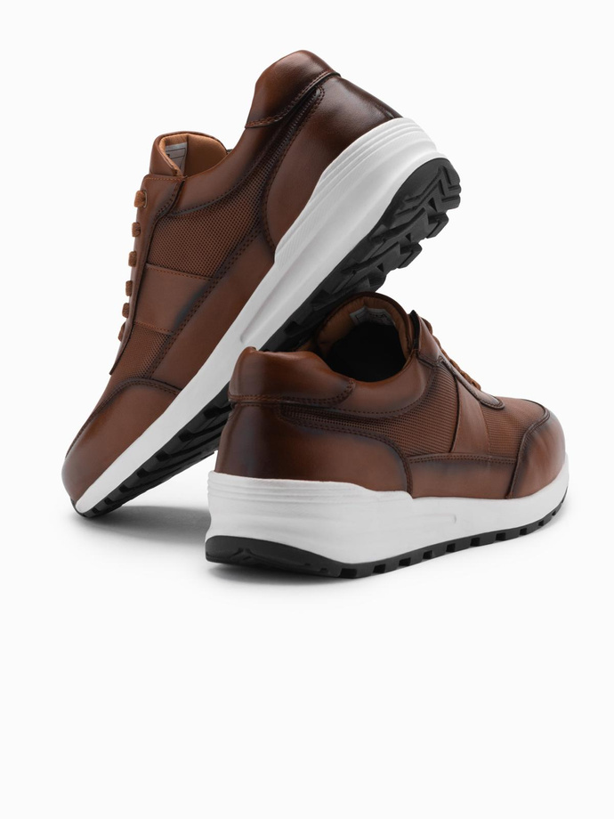 Męskie buty sportowe sneakersy ze skóry ekologicznej – brązowe V1 OM-FOSL-0181