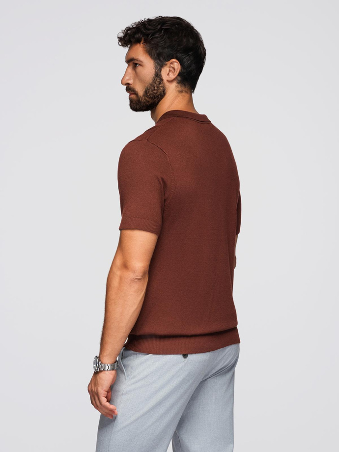 Men's buttonless polo shirt with classic weave - dark brown V4 OM-POSS-0159