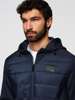 Men's lightweight jacket of combined materials with hood and decorative quilting - navy blue V4 OM-JANP-0160