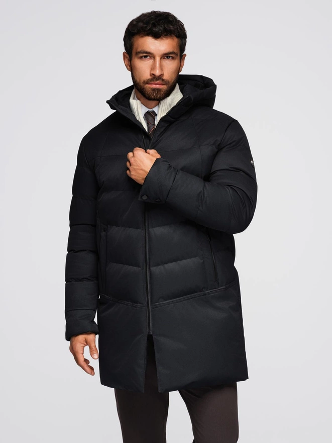 Men's long quilted jacket with hood - black V1 OM-JALJ-0264