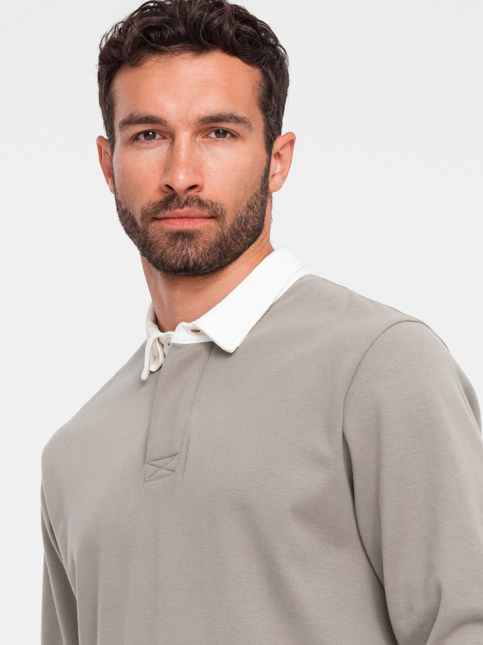 Men's sweatshirt with white polo collar - dark beige V2 OM-SSNZ-0132