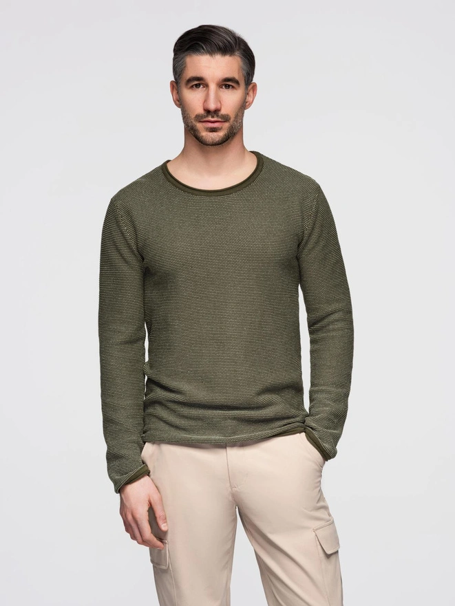 Men's knitted sweater with structured dots - olive V2 OM-SWSW-0118