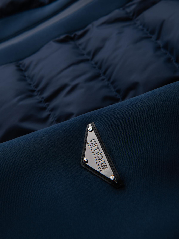 Pikowana kurtka bomberka z kapturem i dzianinowymi rękawami – granatowa V2 OM-JALP-0298