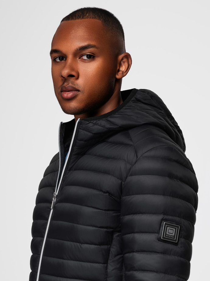 Ultralight men's natural down jacket with stowable pouch - black V1 OM-JALP-0211