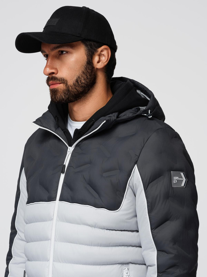 Men's quilted jacket with detachable hood - graphite and white V3 OM-JALP-0206