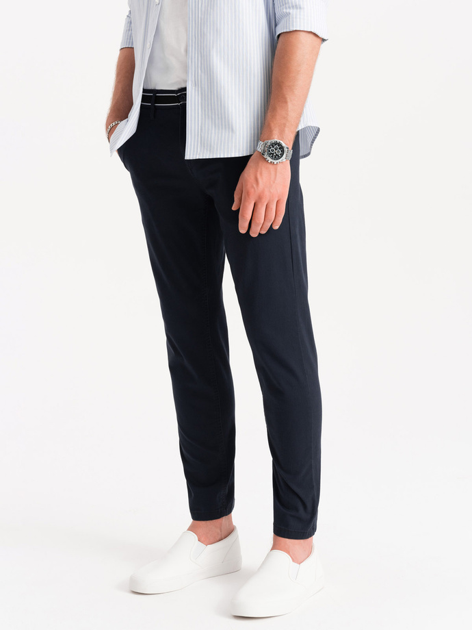 Męskie spodnie chino z ozdobną taśmą w pasie SLIM FIT – granatowe V2 OM-PACP-0118