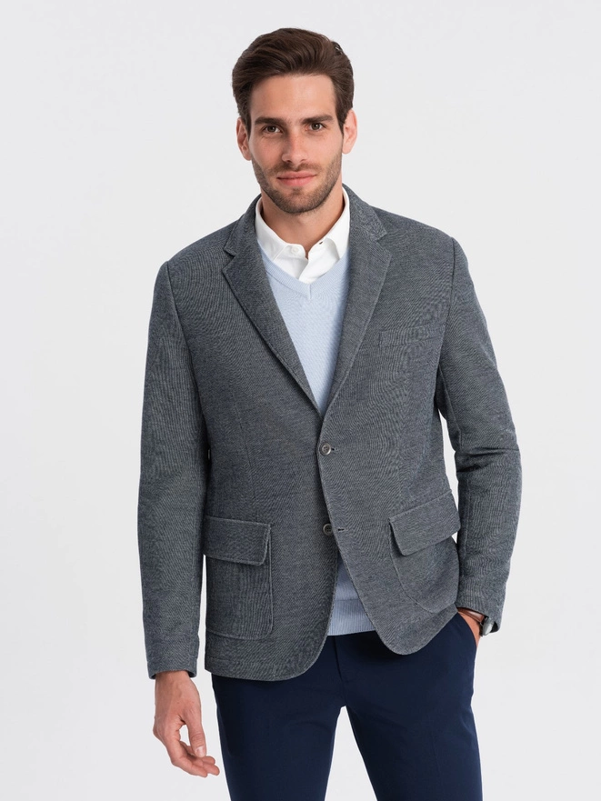 Men's blazer with elbow patches - navy blue V2 OM-BLZB-0108
