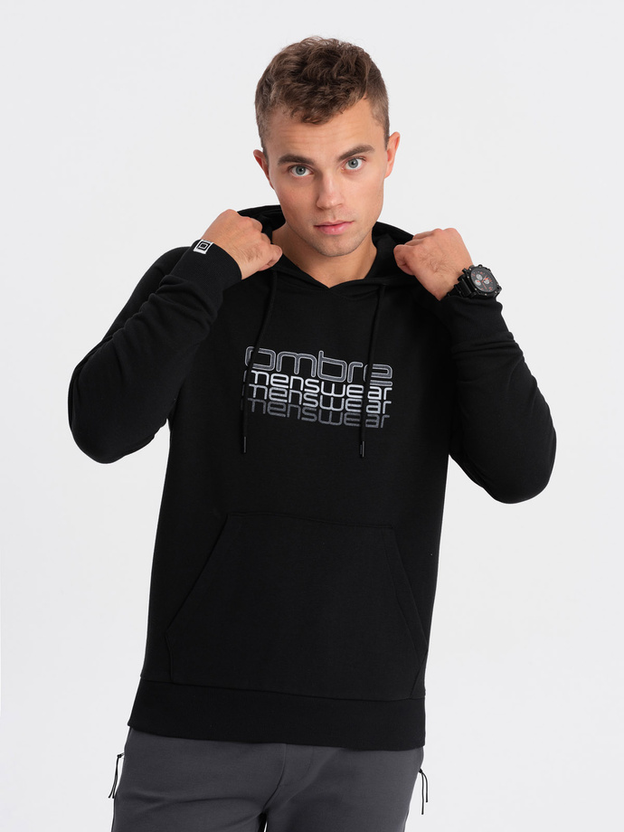 Men's non-stretch hooded sweatshirt with print - black V3 OM-SSPS-0153