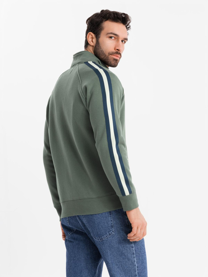 Men's sweatshirt with high collar and stripes - olive V2 OM-SSZP-0219