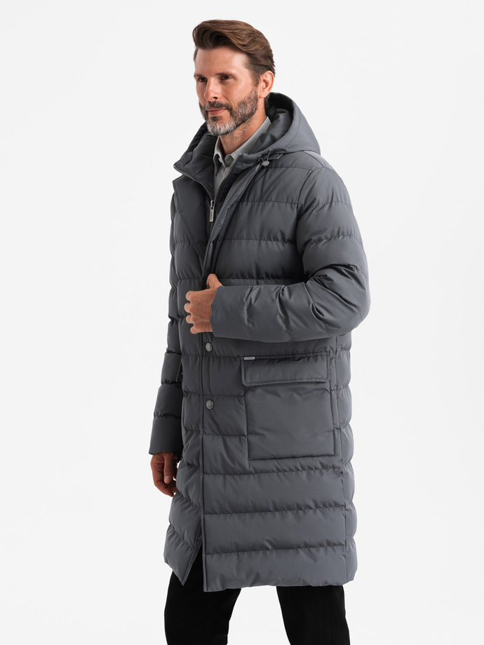 Men's long quilted jacket with lapels and lining - graphite V2 OM-JALJ-0177