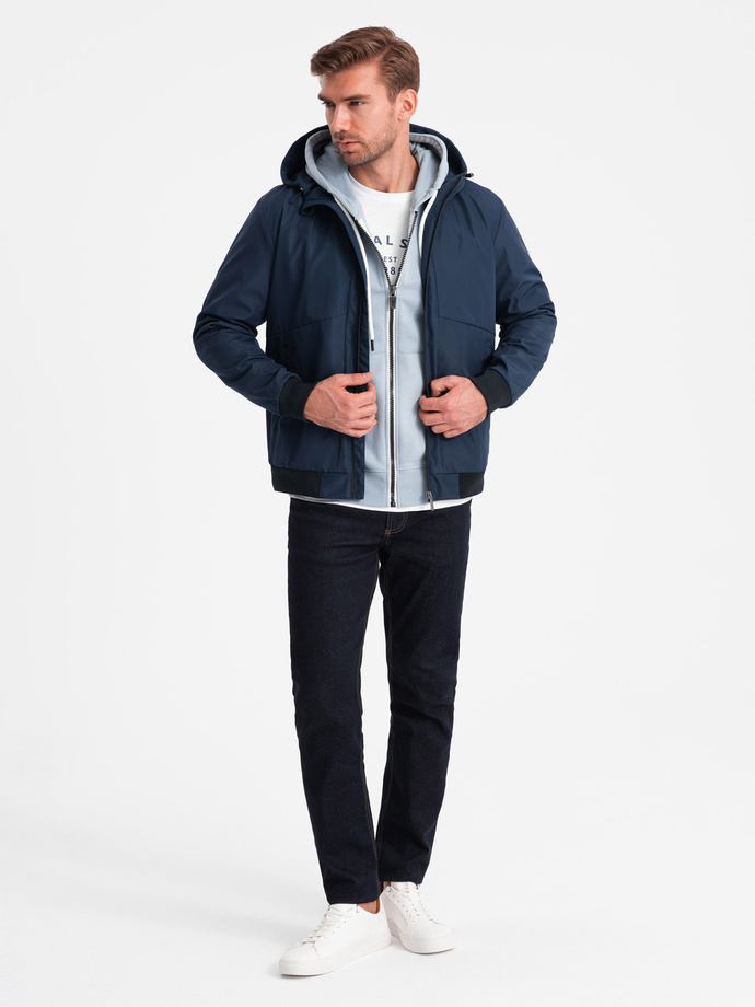 Men's lightweight jacket with hood and mesh lining - navy blue V1 OM-JANP-0149