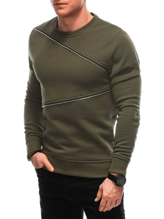Men's sweatshirt with decorative zippers OM-SSNZ-22FW-005 - dark olive V2