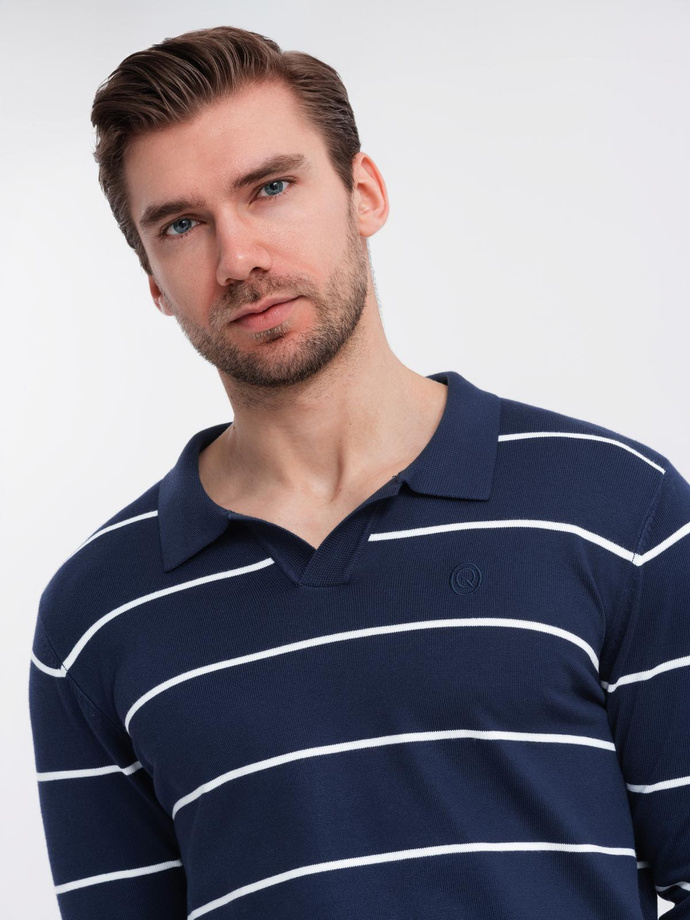 Men's horizontal striped polo longsleeve with viscose - navy blue and white V1 OM-POLS-0146