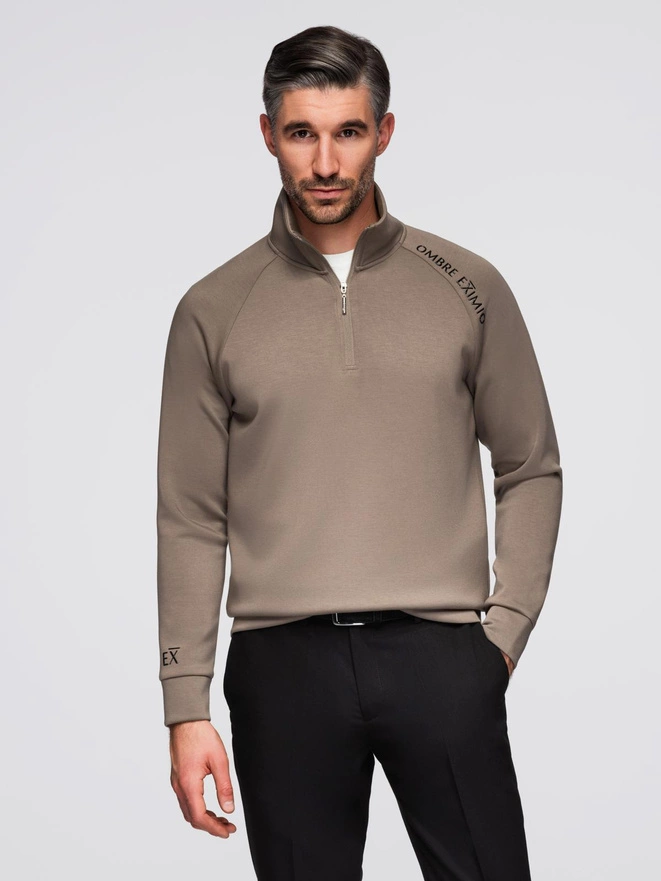 Men's sweatshirt with contrasting print and unbuttoned high collar - grey-brown V3 OM-SSZP-0211