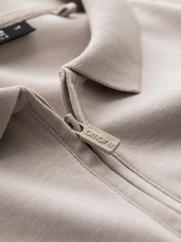 Longsleeve męski z zapinanym na zamek kołnierzykiem polo – popielaty V2 OM-POLS-0130