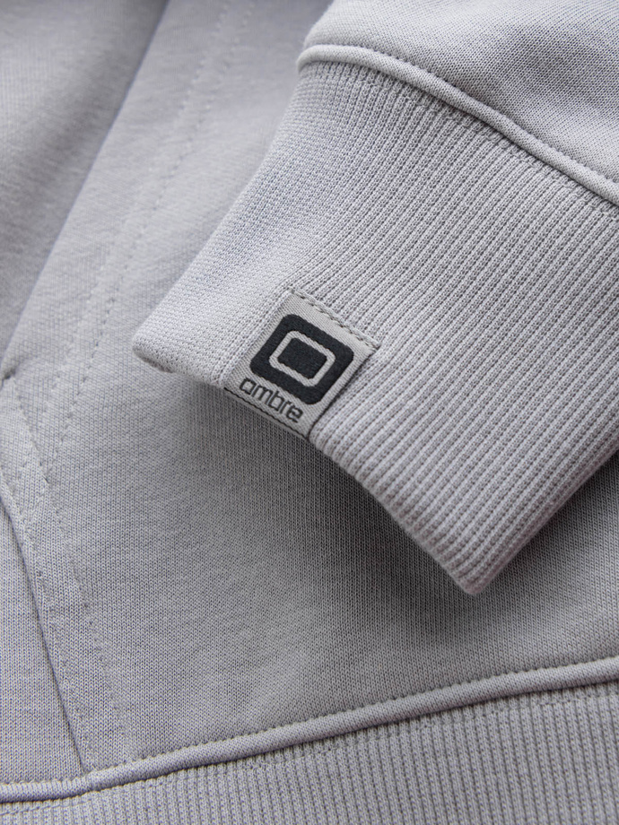 Męska rozpinana bluza dresowa z kapturem i naszywką – szara V1 OM-SSZP-0140
