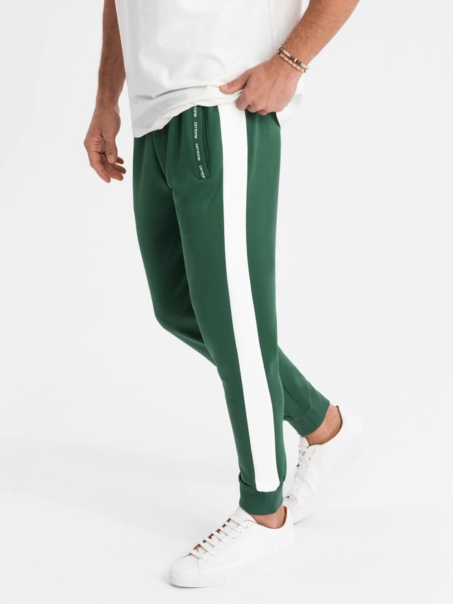 Men's sweatpants joggers with contrasting stripes - dark green V7 OM-PASK-0229