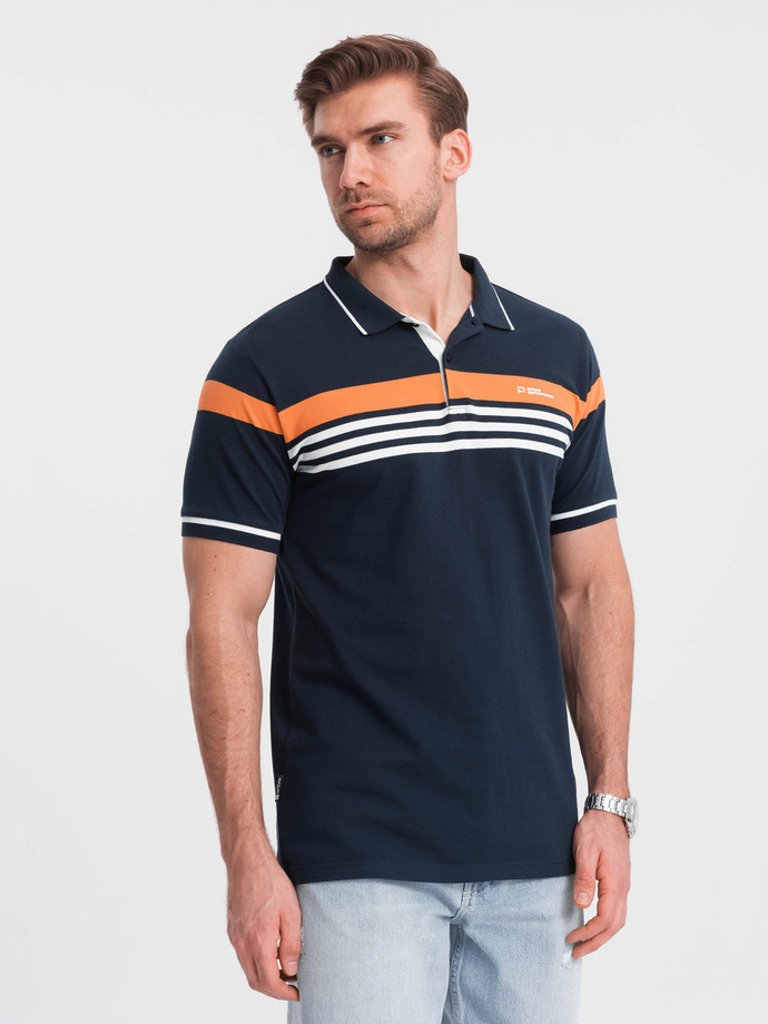 Fitted men's polo shirt with two-tone stripes - navy blue V1 OM-POSS-0127