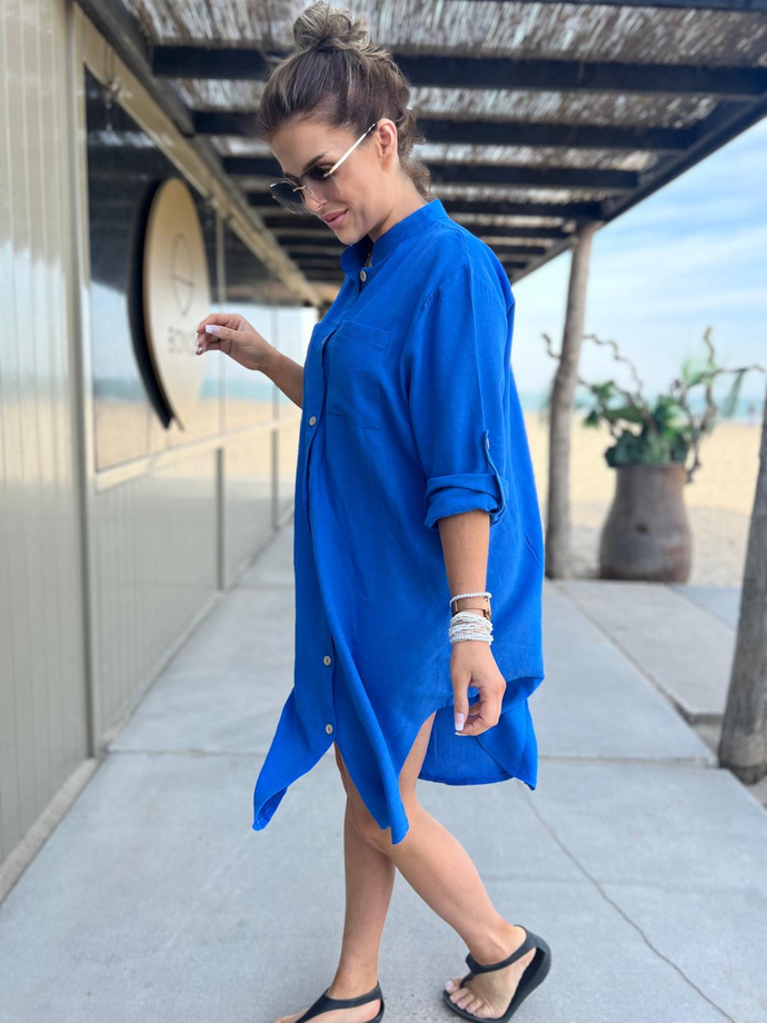 Linen, shirt dress with stand-up collar - DLR112 blue