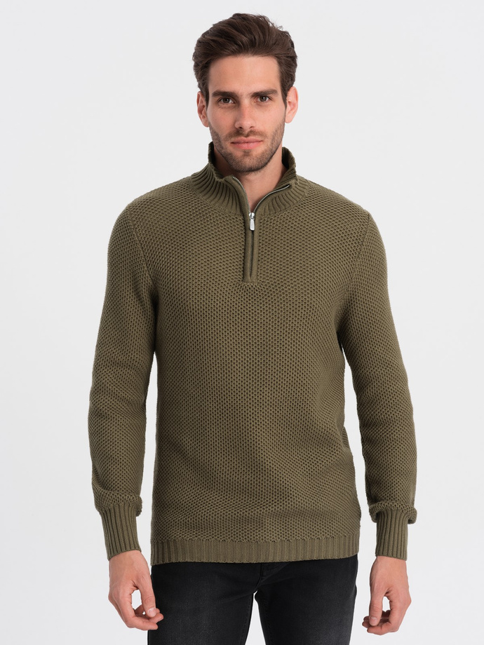 Men's knitted sweater with spread collar - olive V6 OM-SWZS-0105