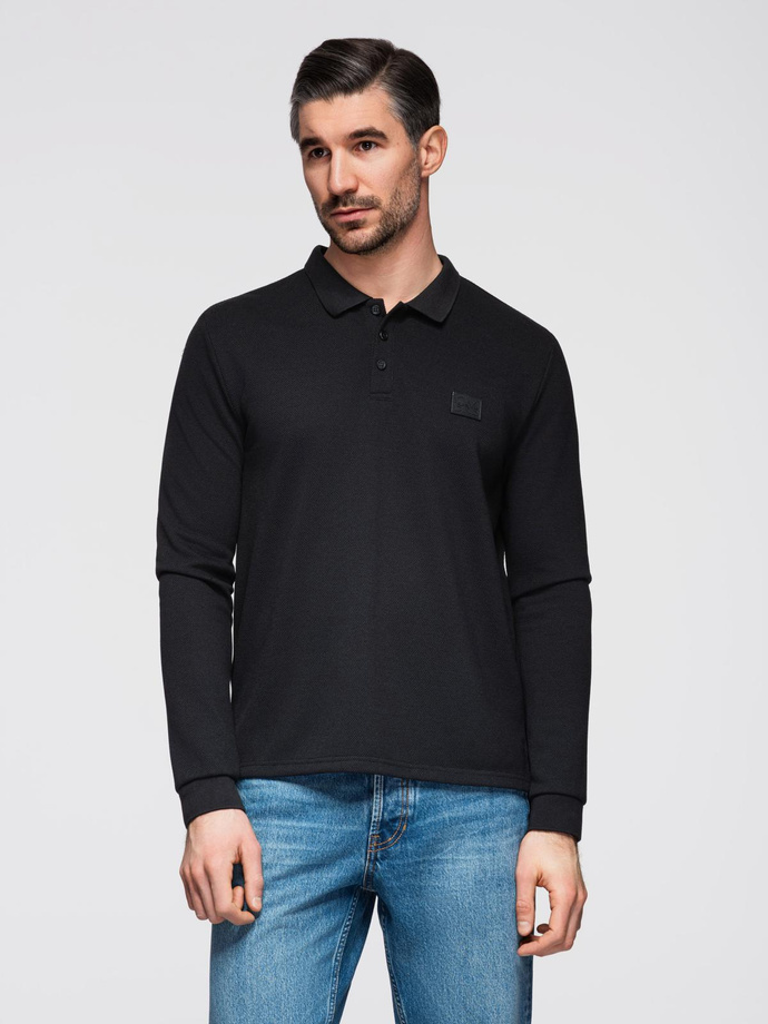 Structured men's polo longsleeve with patch - black V1 OM-POLS-0131